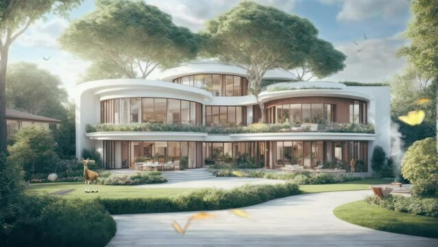 Architecture design for villa at american style with trees. seamless time lapse looping virtual 4k video animation background. Generated with AI