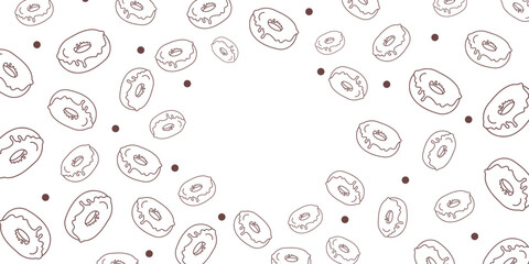 Fototapeta premium Vector illustration. Contour pattern. Cakes, donuts, croissants, macarons in sketch style. Hand drawn food elements. Desserts and sweets food doodle background with copy space for text.