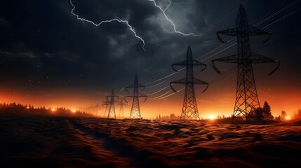 Electricity transmission towers with orange glowing wires the starry night sky. Energy infrastructure concept.