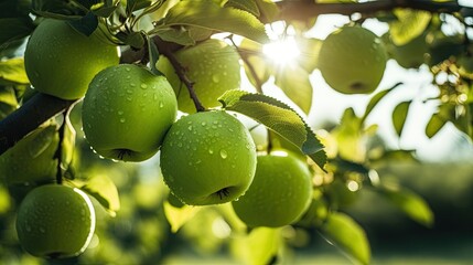 Portrait fresh green apple on the field with light exposure AI Generative