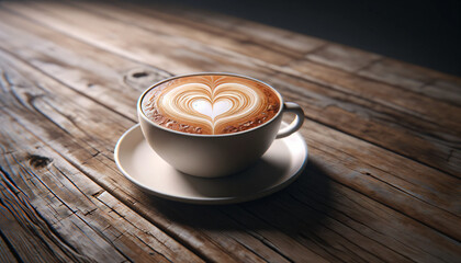 White cup of hot coffee on a saucer on rustic wooden table