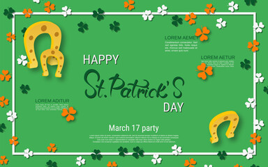 St.Patrick's Day vector illustration. Green background with colorful clover leaves and frame