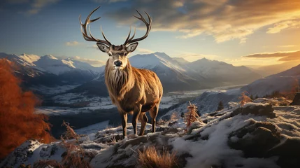Fotobehang Majestic red deer in the mountains. Dramatic scene. © Vadym Hunko