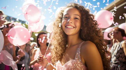 Happy 15 year old girl celebrating her Quinceanera with balloons - obrazy, fototapety, plakaty