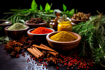 Aromatic herbs and spices for cooking arranged on a dark background, creating a visually appealing and flavorful composition.