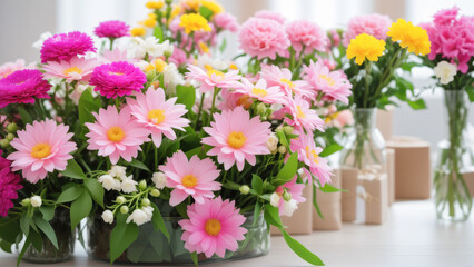 A Colorful Array of Vases Filled with Pink and Yellow Flowers