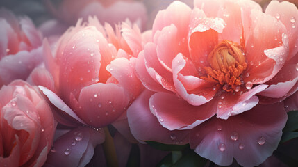 Close-up of coral peonies adorned with water droplets, highlighting the delicate texture and vibrant colors.