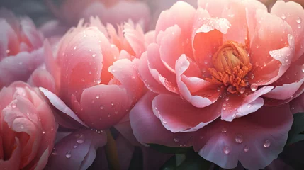 Vitrage gordijnen Pioenrozen Close-up of coral peonies adorned with water droplets, highlighting the delicate texture and vibrant colors.