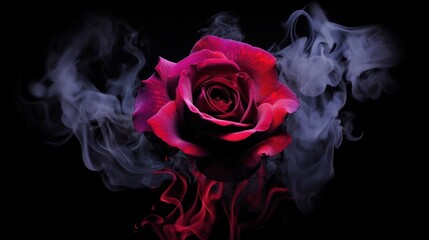 A single red rose emerging from the dark, surrounded by elegant swirls of smoke, creating