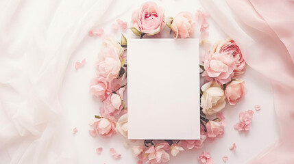 A blank card surrounded by a beautiful arrangement of pink roses and petals, ideal for wedding or invitation concepts.