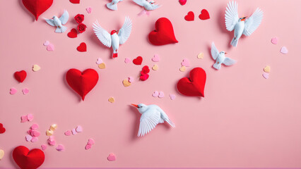 A pink background with hearts and doves on it