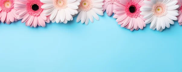  Spring flowers gerberas. Bouquet of gerberas flowers on pastel background. Valentine's Day, Easter, Birthday, Happy Women's Day, Mother's Day. Flat lay, top view, copy space for text © megavectors