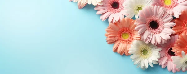 Rolgordijnen Spring flowers gerberas. Bouquet of gerberas flowers on pastel background. Valentine's Day, Easter, Birthday, Happy Women's Day, Mother's Day. Flat lay, top view, copy space for text © megavectors