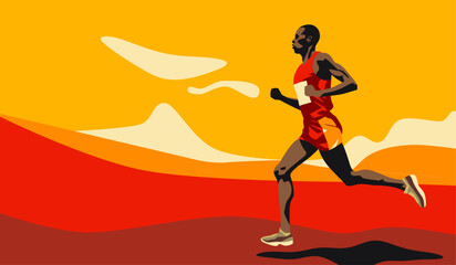 Vector illustration of an African American man running a marathon in the desert sun.
