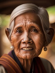 Close up portrait of old wrinkled Asian woman