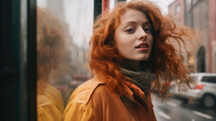 Obraz premium A woman with red hair is standing outside and wearing a yellow jacket and a scarf. She is waiting for a ride or a bus. Her hair is blowing in the wind.