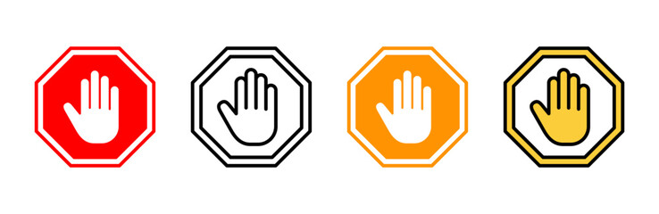 Stop icon set vector. stop road sign. hand stop sign and symbol. Do not enter stop red sign with hand - obrazy, fototapety, plakaty