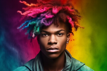 Portrait of attractive black young man with bright colored hair. - obrazy, fototapety, plakaty