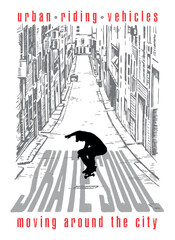 Vector illustration in irregular strokes, handmade, of urban landscape with silhouette of skateboarder and text allusive to skateboard.
