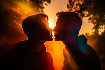 Silhouette of two gays kissing outdoor at summer - obrazy, fototapety, plakaty