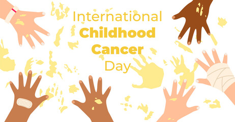 Awareness banner for International Childhood Cancer Day with children hands