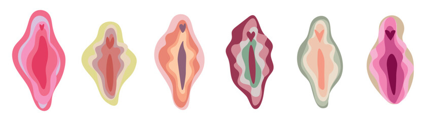 Set of color female vulvas on white background - obrazy, fototapety, plakaty