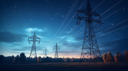 Electricity transmission towers with orange glowing wires the starry night sky. Energy infrastructure concept.