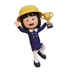 3D girl character celebrating win holding a trophy