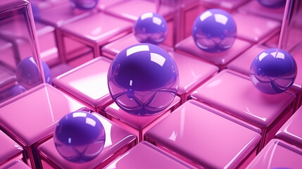 geometric shapes and smooth forms of shiny spheres on square boxes in violet and pink colors, Ai generated image