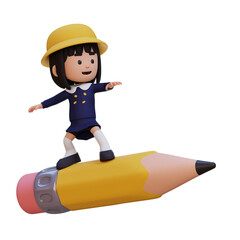 3D girl character standing riding a pencil