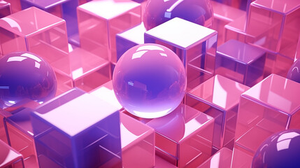 geometric shapes and smooth forms of shiny spheres on square boxes in violet and pink colors, Ai...