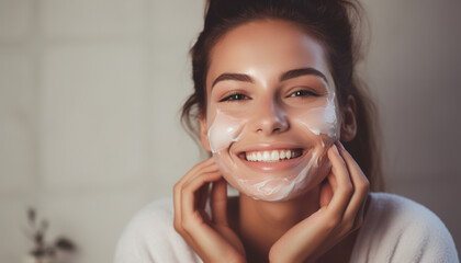 smiling young woman applying facial mask or cream