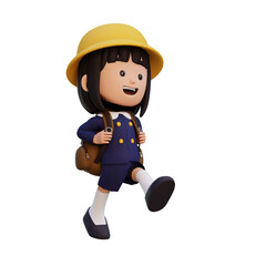 3D happy girl character walking go to school holding bag