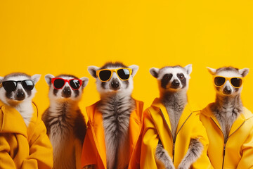group of lemur wearing clothes on bright solid yellow background 