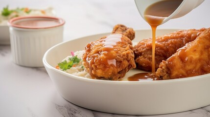 Food photo of fried chicken on a white plate and gravy being poured on it, white background in a modern kitchen