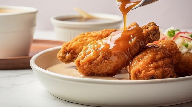 Food photo of fried chicken on a white plate and gravy being poured on it, white background, modern kitchen
