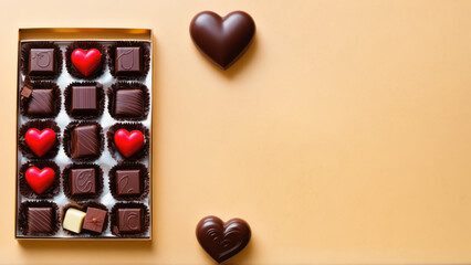 A box of chocolates with chocolate hearts on a table - obrazy, fototapety, plakaty