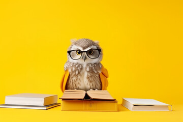 owl in glasses reading book on bright yellow solid background with copy space - obrazy, fototapety, plakaty