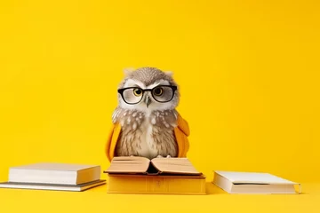 Fototapete Eulen-Cartoons owl in glasses reading book on bright yellow solid background with copy space