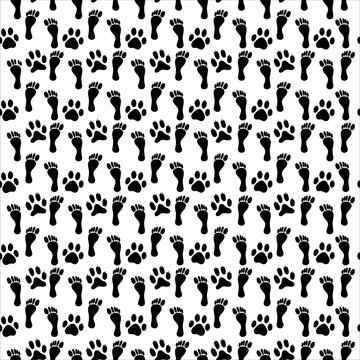 Seamless pattern with footprints of dog and human on white background. Prints of human feet and dog paws. Paw seamless pattern. 