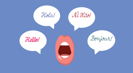 Polyglot Mouth Saying Hello in Many Languages Vector Illustration. Person speaking multiple languages fluently 
 - obrazy, fototapety, plakaty