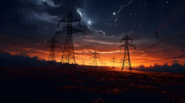 Electricity transmission towers with orange glowing wires the starry night sky. Energy infrastructure concept.