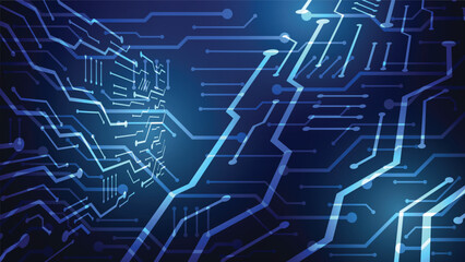 Obraz premium Hi tech digital circuit board. electrical lines connected on blue lighting background. futuristic technology design element concept