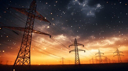 Electricity transmission towers with orange glowing wires the starry night sky. Energy infrastructure concept. - obrazy, fototapety, plakaty