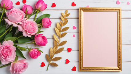 Pink roses and a gold frame on a white table