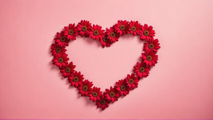 A heart made of red flowers on a pink background