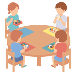 お弁当を食べる子供たちのアイソメイラスト