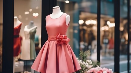 Elegant luxury women's dress on a mannequin in window display in shopping center. Dress for reception or celebration.