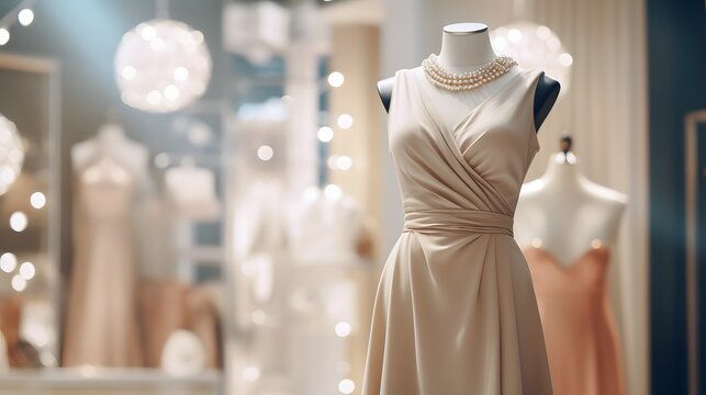 Elegant luxury women's dress on a mannequin in window display in shopping center. Dress for reception or celebration.