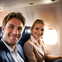 Fototapeta na wymiar Hombre y mujer sonrientes sentados juntos viajando en un avión 